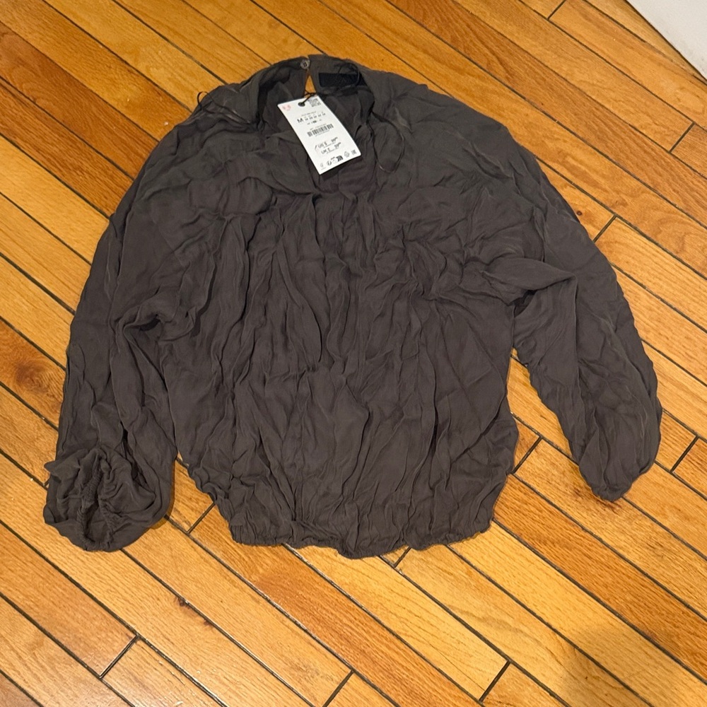 Zara Charcoal Crinkled Long Sleeve Blouse